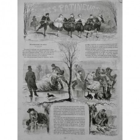 1864 PATINAGE HIVER LOISIR GLACE PATIN PATINEUR LAC BOIS BOULOGNE 2 JOURNAUX