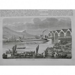 1865 I TOULON FLOTTE MARINE MISE EAU BELIER CUIRASSE LE TAUREAU DESSIN LETUAIRE