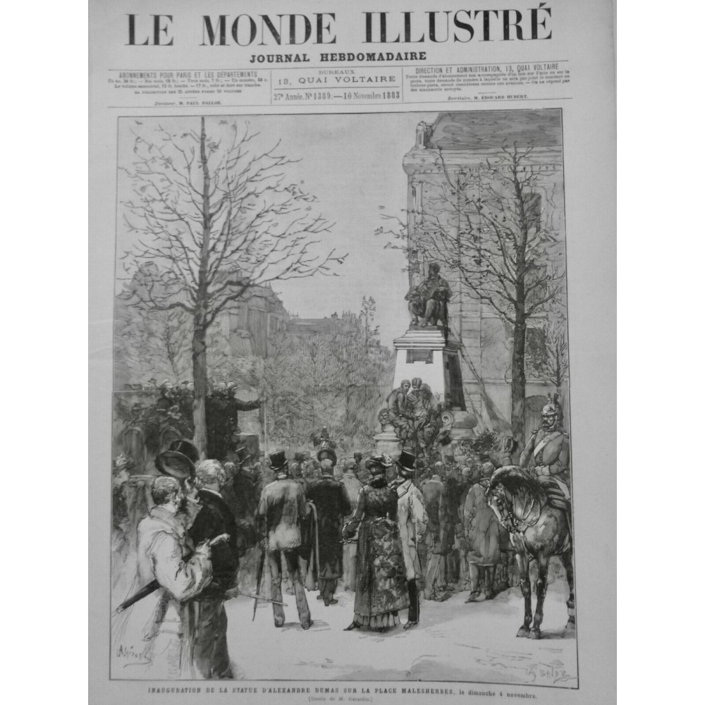 1883 ALEXANDRE DUMAS MONUMENT STATUE COMEDIE FRANCAISE 9 JOURNAUX