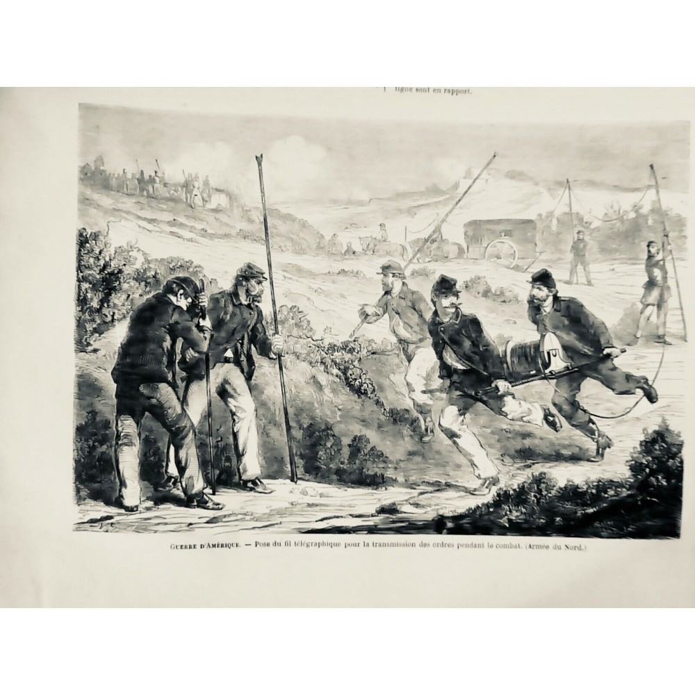 1867 MI GUERRE AMERIQUE POSE FIL TELEGRAPHIQUE TRANSMISSION COMBAT