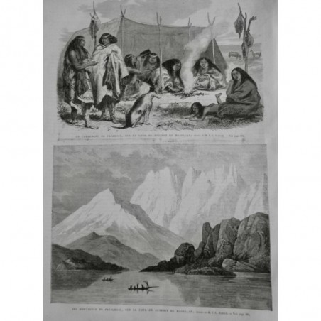 1869 UI TRIBU INDIENNE CAMPEMENT PATAGONS DETROIT MAGELLAN FEU BOIS TENTE