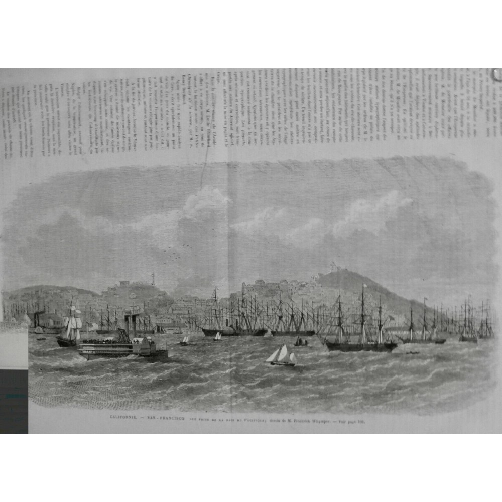 1869 UI CALIFORNIE SAN FRANCISCO BAIE PACIFIQUE RADE PORT BATEAU DESSIN WHYMPER