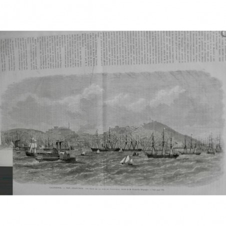 1869 UI CALIFORNIE SAN FRANCISCO BAIE PACIFIQUE RADE PORT BATEAU DESSIN WHYMPER