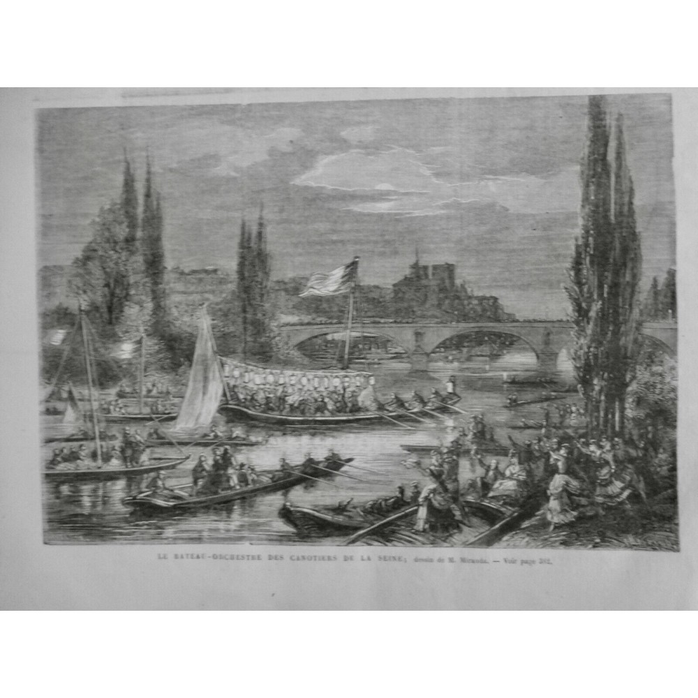 1869 UI PARIS SEINE BATEAU ORCHESTRE CANOTIER RAME RAMEUR LAMPION MIRANDA