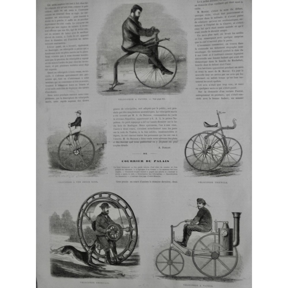 1869 UI VELOCIPEDE AMERICAIN ROUE GEANTE VAPEUR TRICYCLE PATINS GLACE