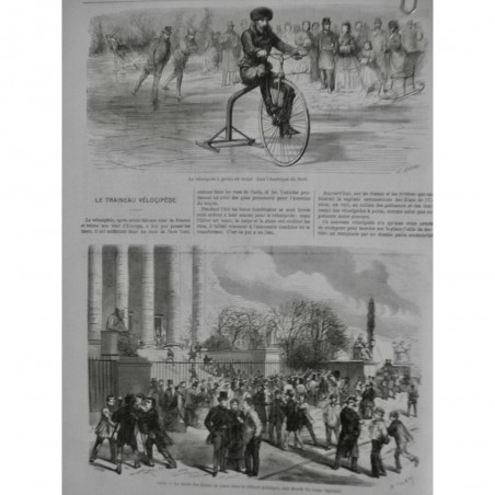 1870 MI VELOCIPEDE TRAINEAU DOUBLE PATINS GLACE ETANG RIVIERE ROUE CRAMPON