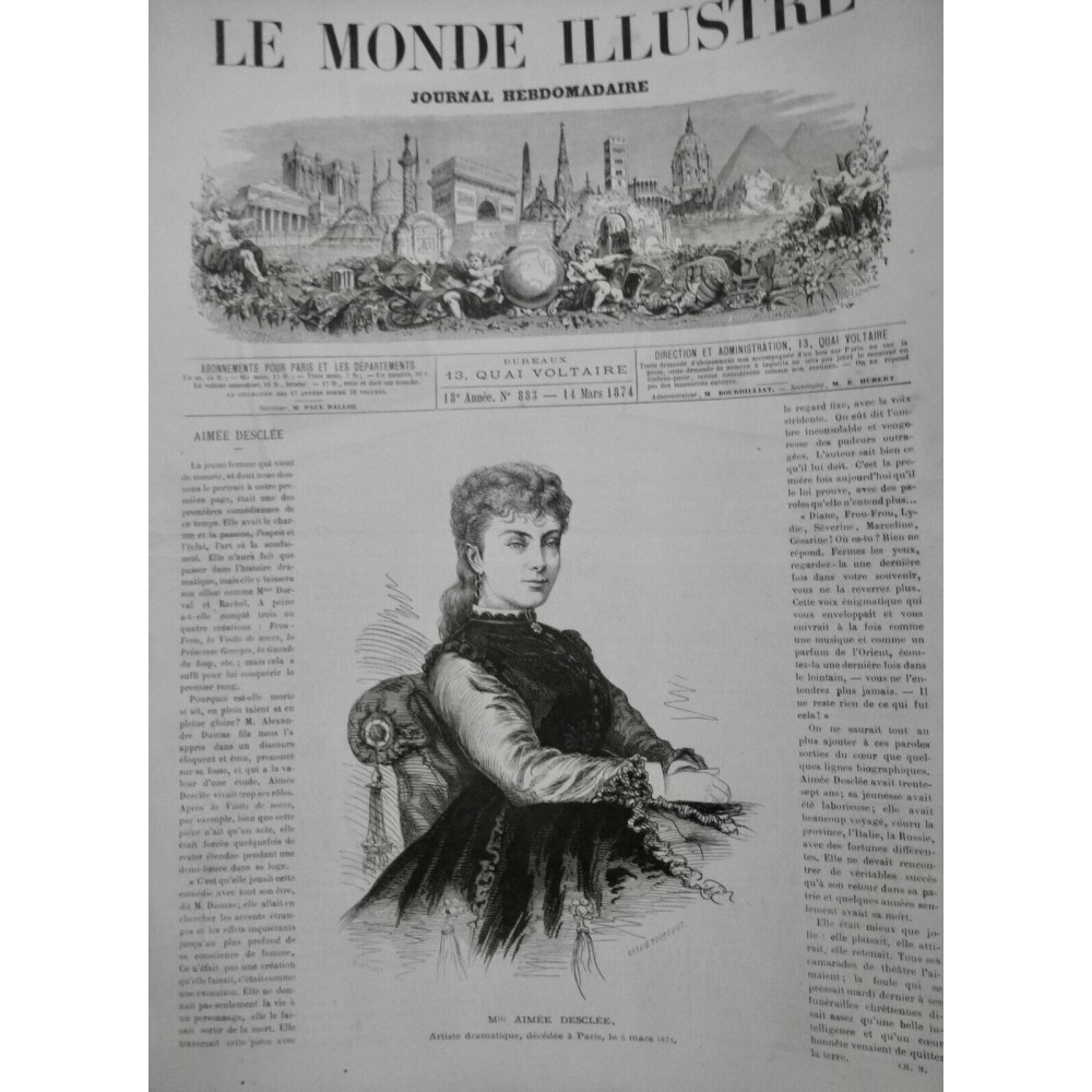 1874 I AIMEE DESCLEE COMEDIENNE PORTRAIT CARRIERE SCRIBE BIOGRAPHIE 2 JOURNAUX