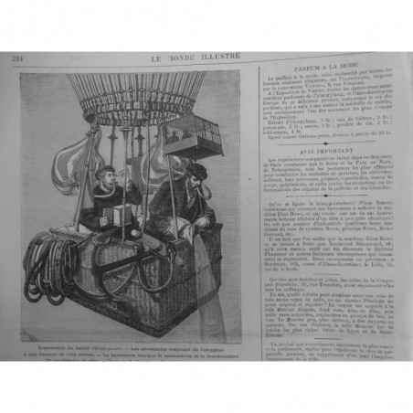 1874 MI BALLON ETOILE POLAIRE AERONAUTE RESPIRER OXYGENE ALTITUDE CAGE PIGEON