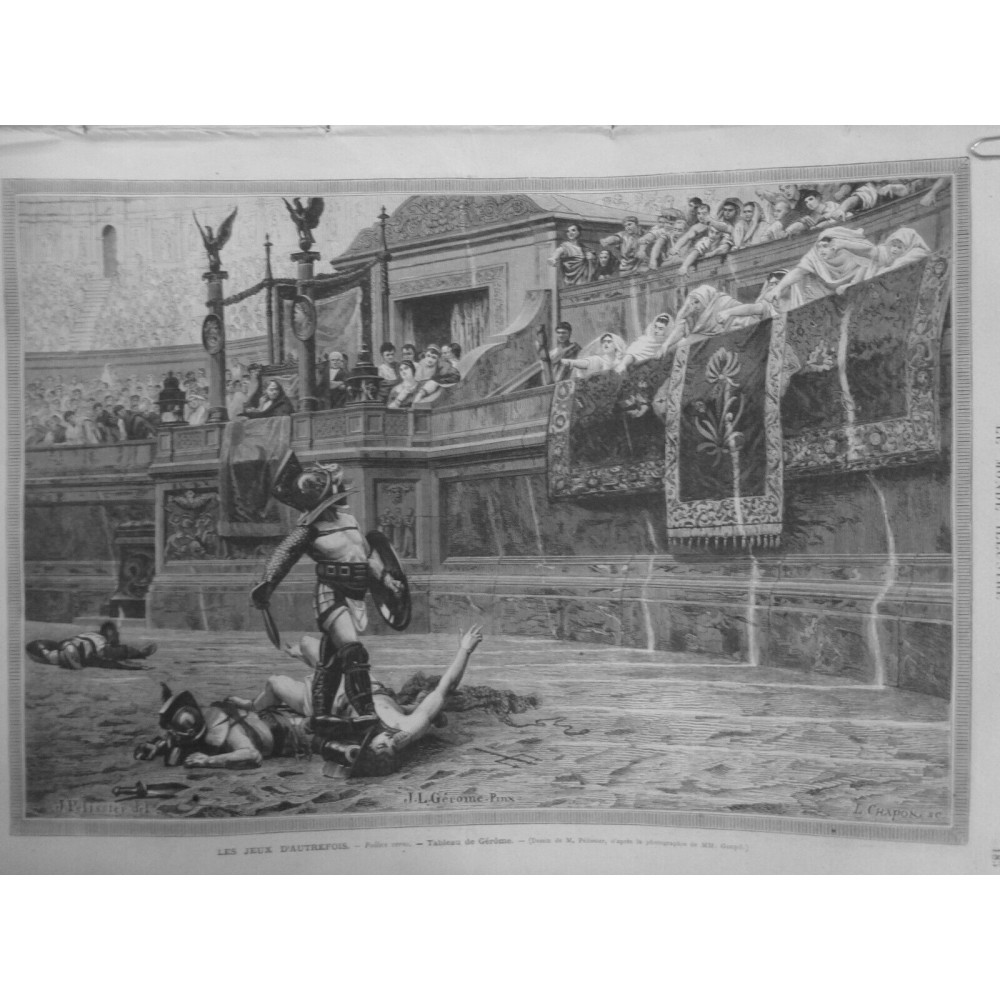 1874 MI JEUX AUTREFOIS ARENE GLADIATEUR COMBAT BOUCLIER SPECTATEUR MISE MORT