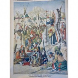 1900 PJ REVOLTE APACHES CHEF GUERRIER BLANC TIPI PLUMES COIFFE HACHE