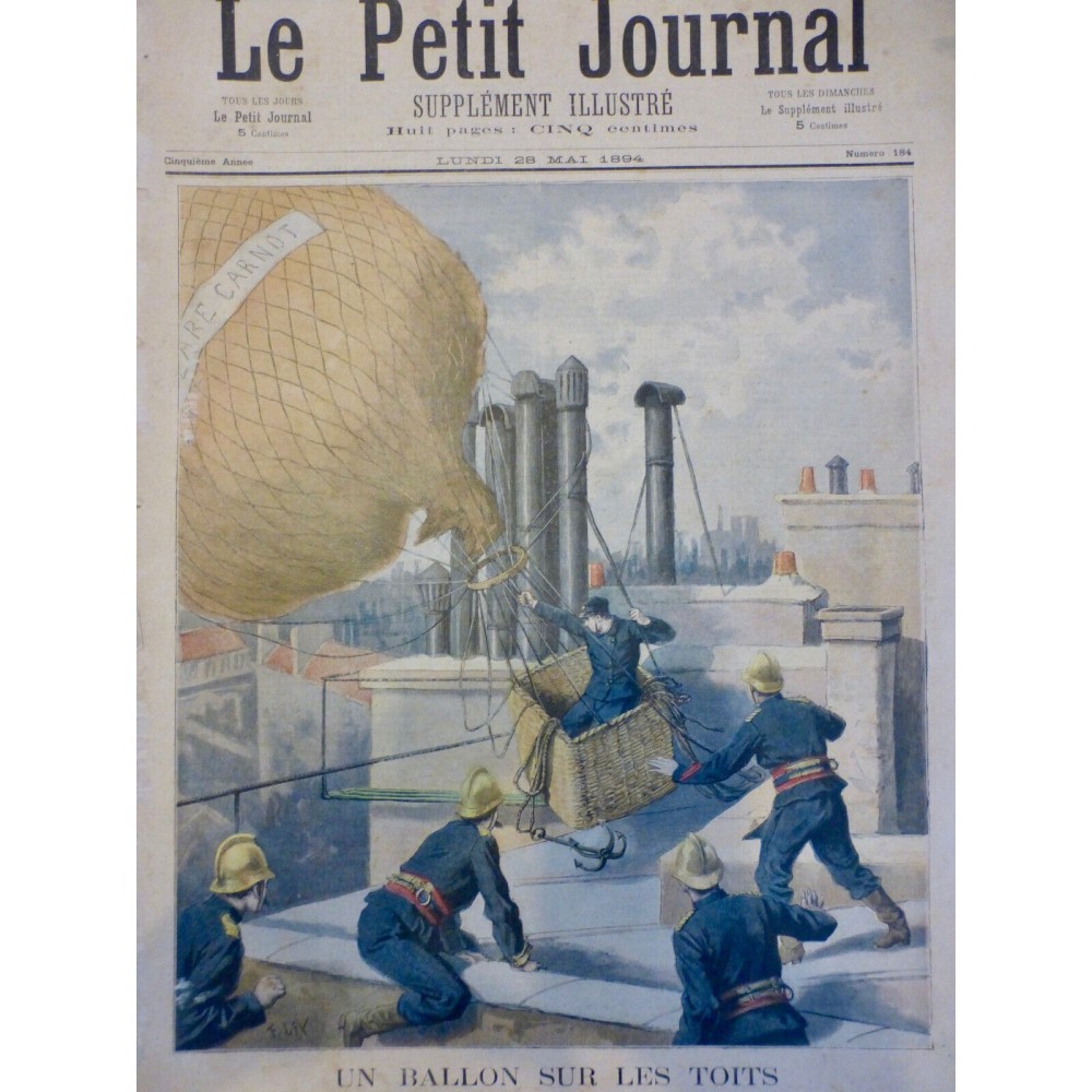 1894 PJ AVIATION AERONAUTIQUE BALLON DIRIGEABLE TOIT CHEMINEE POMPIER