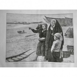 1891 MI PECHEUR FEMME ENFANT PLAGE RETOUR BATEAUX TABLEAU SOUZA PINTO