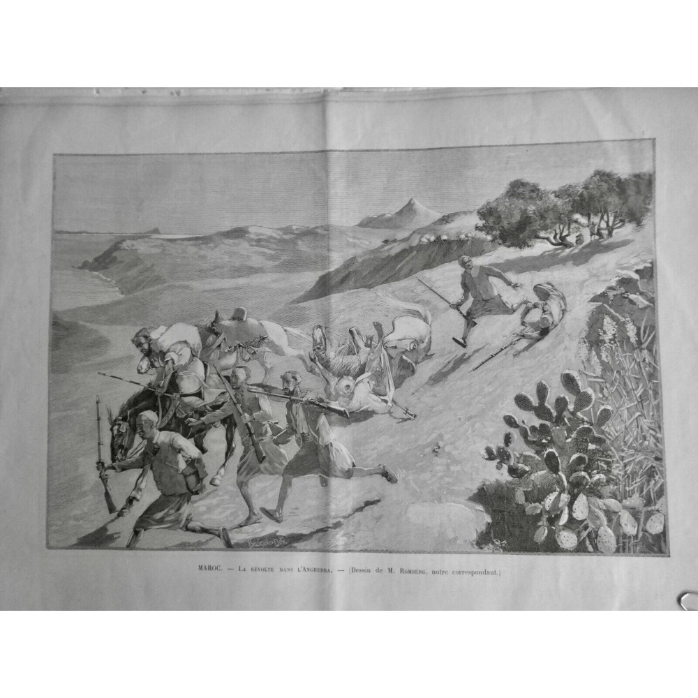 1892 MI MAROC REVOLTE ANGHERRA SEDERT ATTAQUE CHEVAUX ARME DESSIN ROMBERG