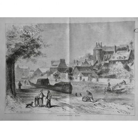 1875 I FRANCE MONTARGIS FLEUVE QUAI PENICHE DESSIN SAUVAGEOT