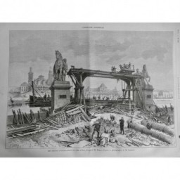 1878 I PARIS TRAVAUX ELARGISSEMENT PONT IENA COLONNE STATUE MATERIEL TREUIL