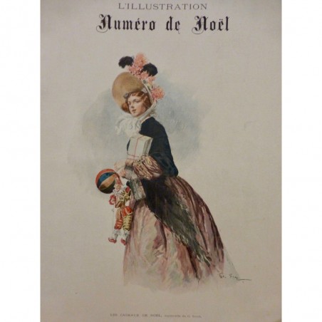 1906 I NOEL JEUNE FILLE ACHAT CADEAUX NOEL BALLON POUPEE AQUARELLE SCOTT