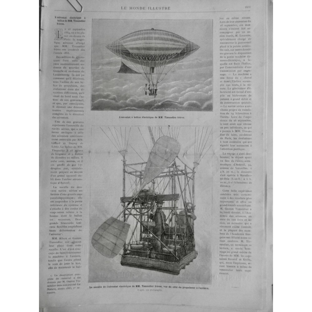 1884 MI DIRIGEABLE AEROSTAT ELECTRIQUE HELICE TISSANDIER HELICE PROPULSEUR