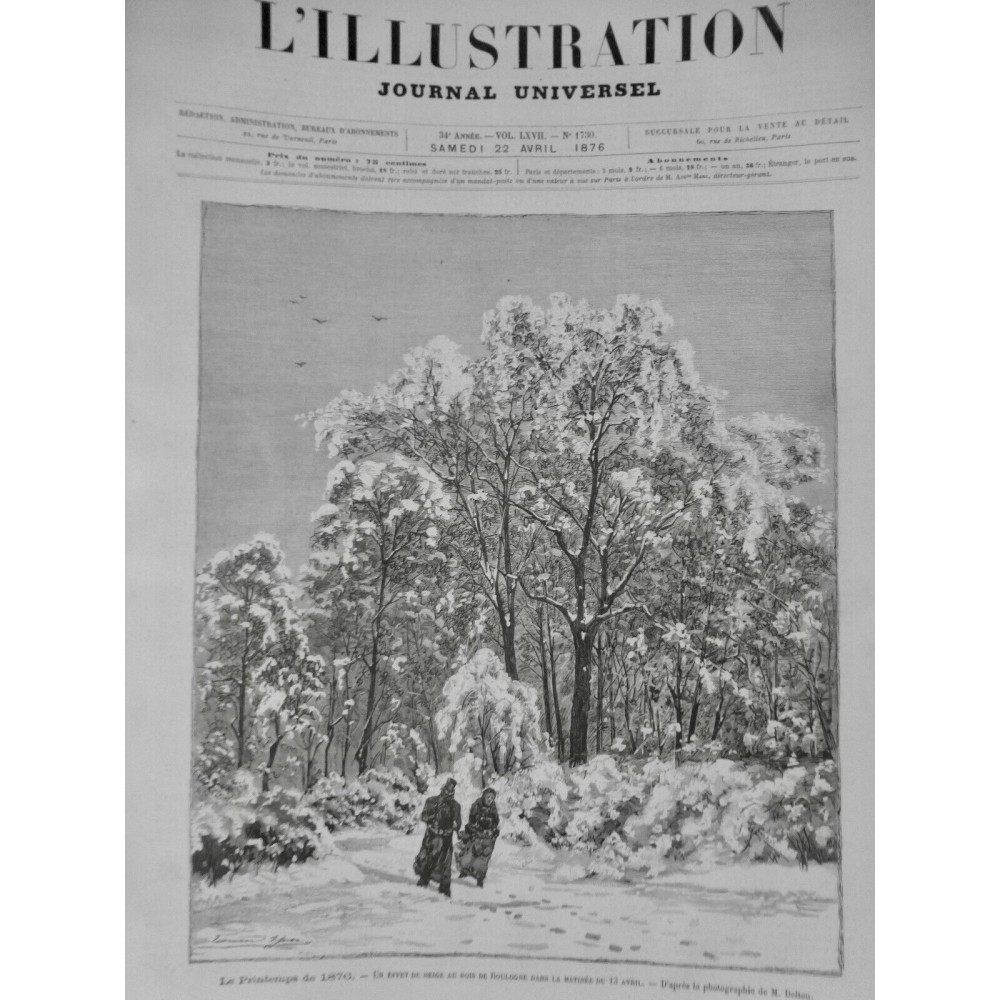 1876 I PARIS BOIS BOULOGNE HIVER FROID NEIGE PROMENEUR ARBRE ENNEIGÉ DELTON