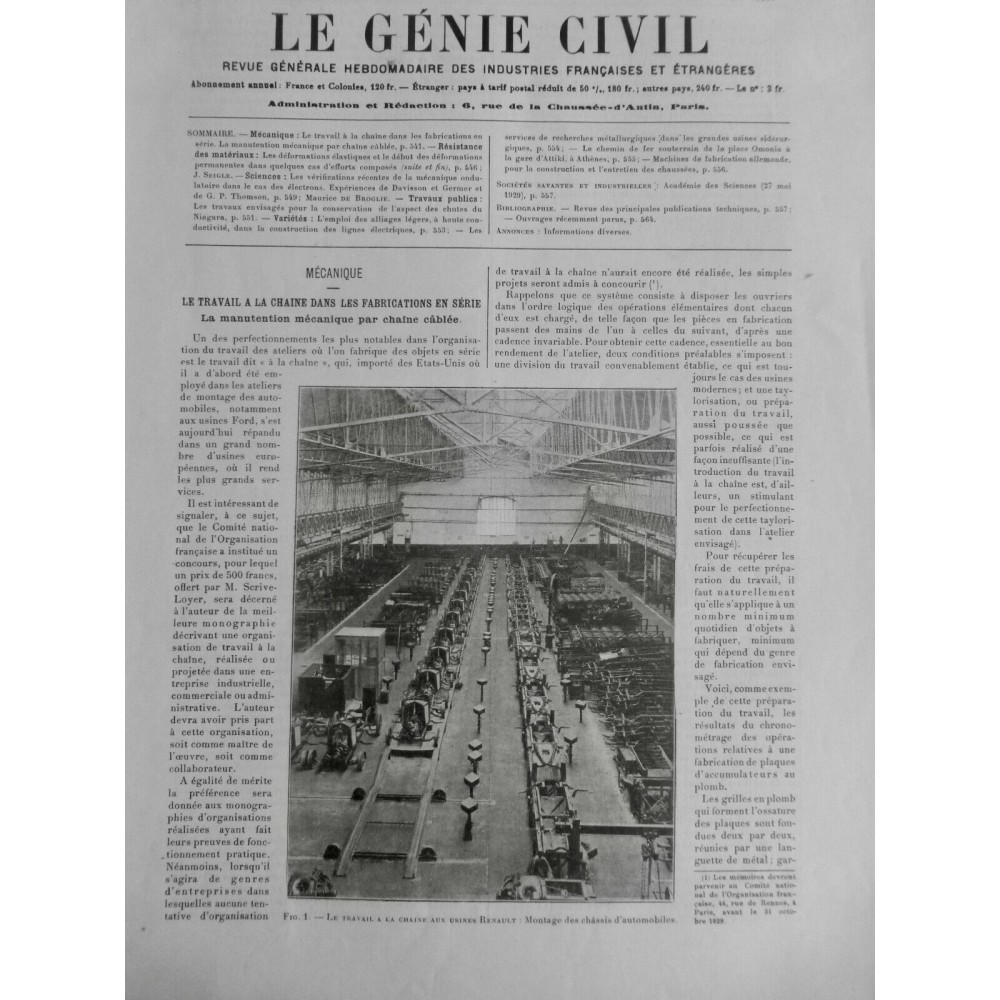 1929 GENIE CIVIL MECANIQUE USINE RENAULT CHAINE CABLEE MONTAGE CHASSIS VOITURE