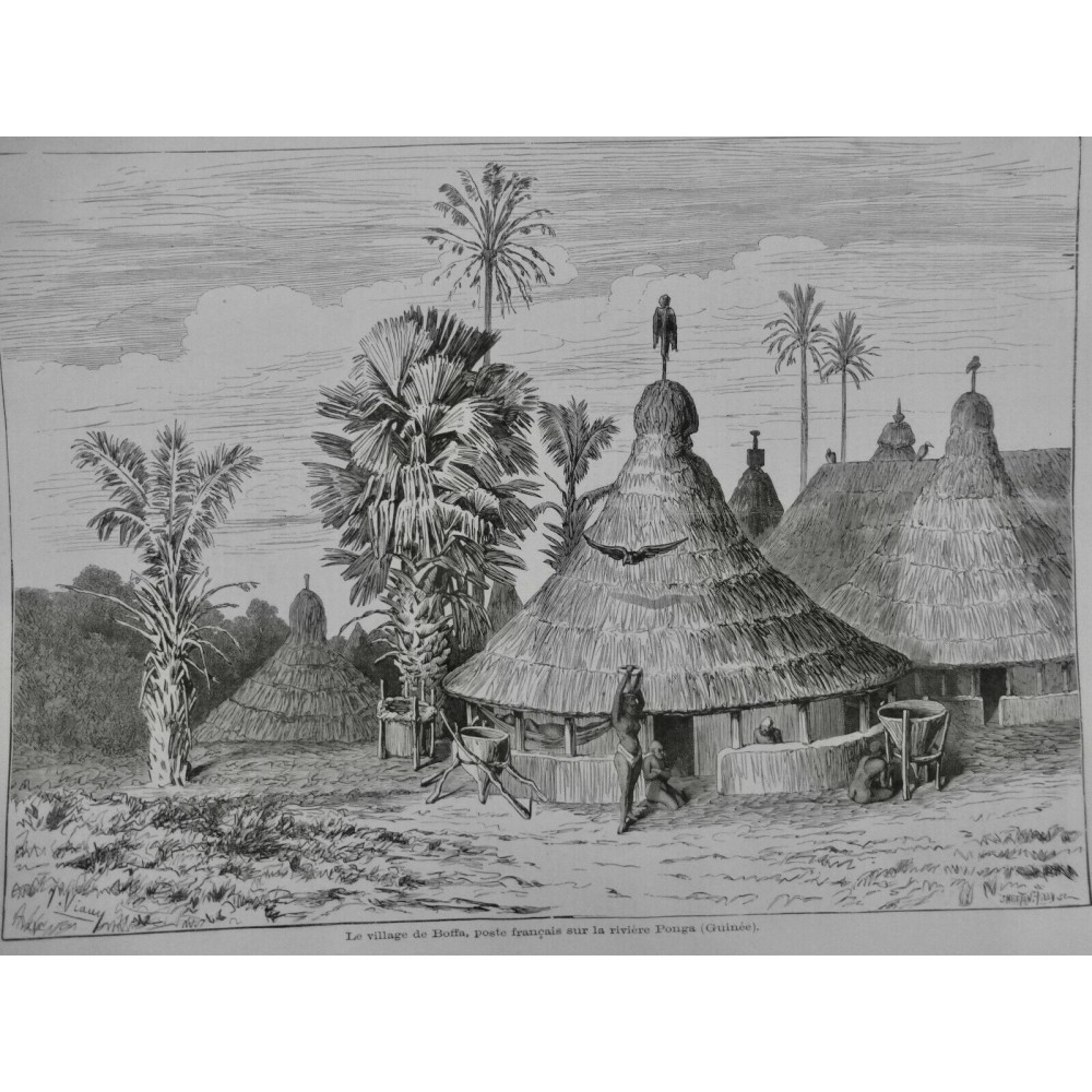 1876 I GUINEE VILLAGE BOFFA POSTE FRANCAIS RIVIERE PONGA CASE TERRE CHAUME