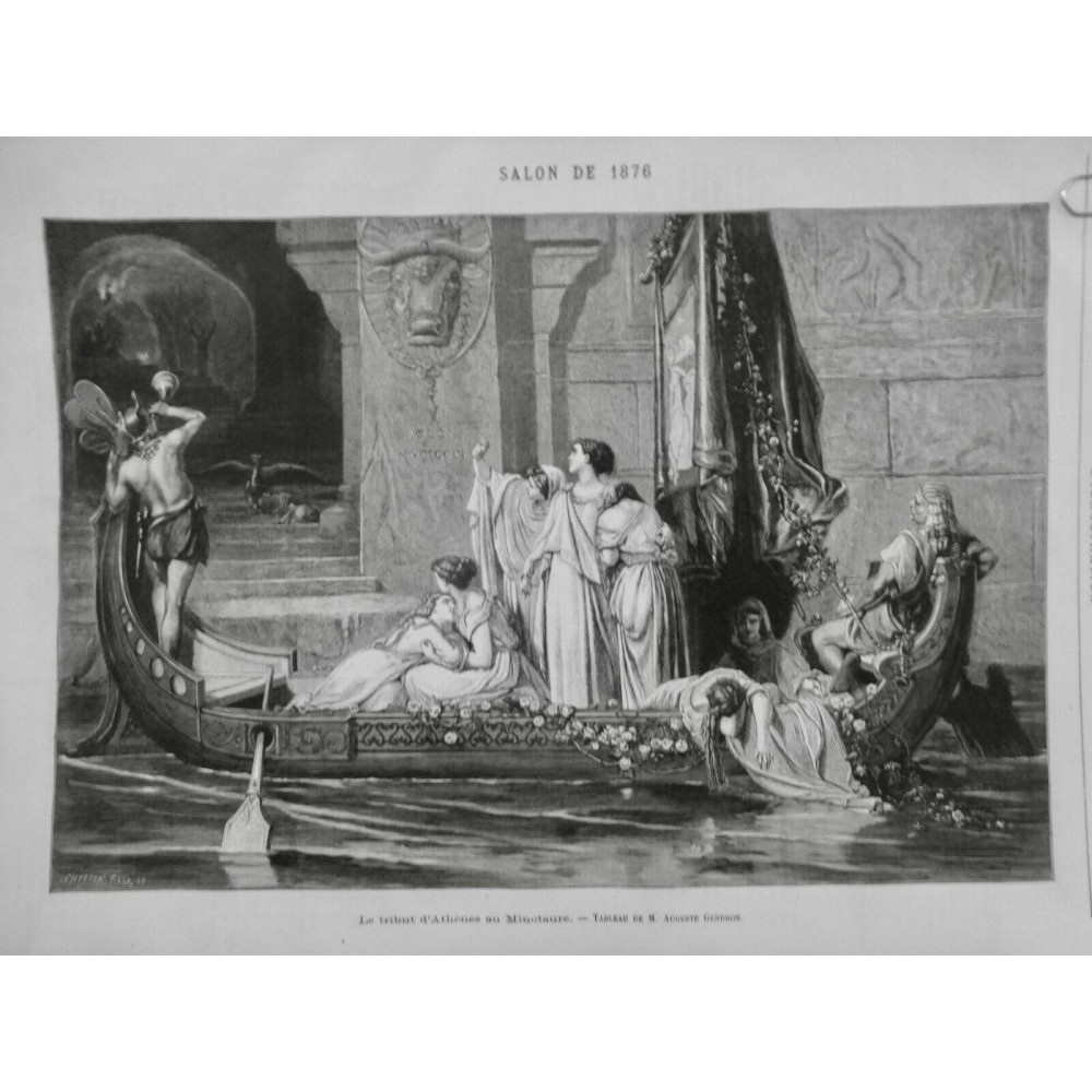 1876 I A.GENDRON TABLEAU TRIBUT D ATHENES MINOTAURE BARQUE FILLE CORNE APPEL