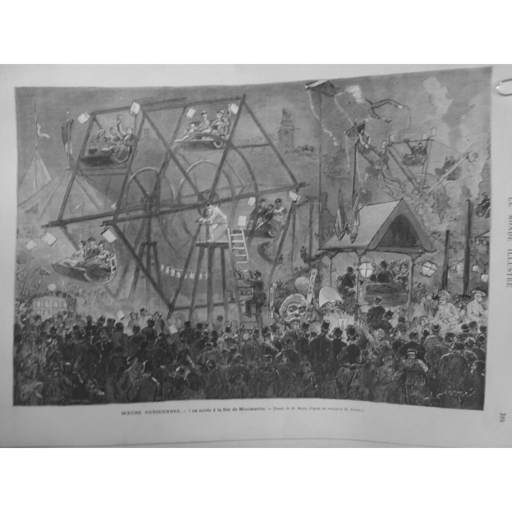 1874 MI PARIS MOEURS FETE MONTMARTRE FORAIN MANEGE GRANDE ROUE KIOSQUE MORIN