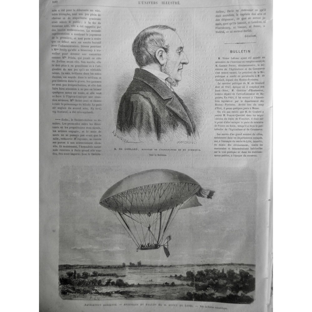 1872 UI DIRIGEABLE NAVIGATION AERIENE ASCENSION BALLON DUPUY DE LOME