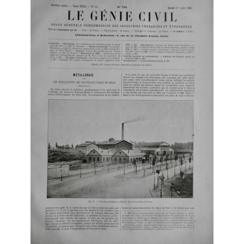 1896 GENIE CIVIL METALLURGIE FORGES DOUAI USINE FABRICATION PIECES METAL