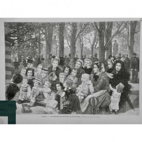 1876 MI PARIS THEATRE GUIGNOL JARDIN LUXEMBOURG BANC ENFANT SPECTACLE