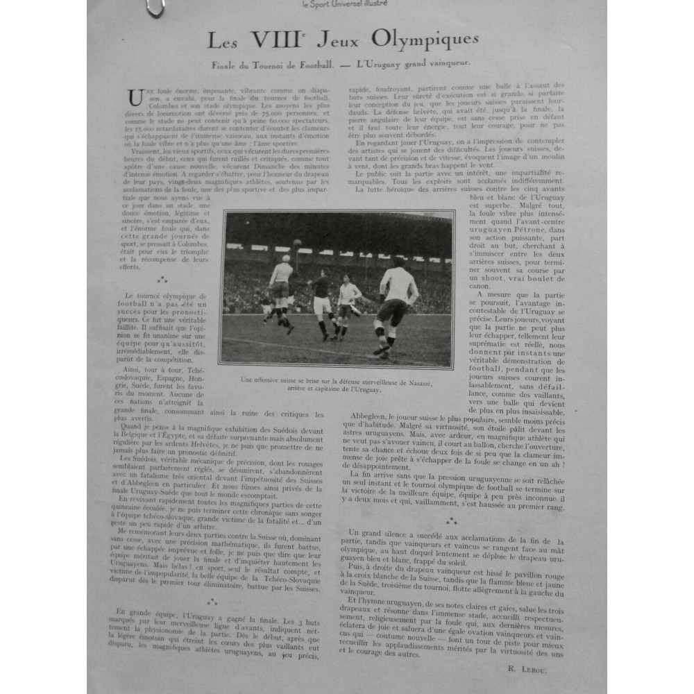 1924 SU FOOTBALL VIII JEUX OLYMPIQUES FINALE TOURNOI SUISSE URUGUAY VAINQUEUR