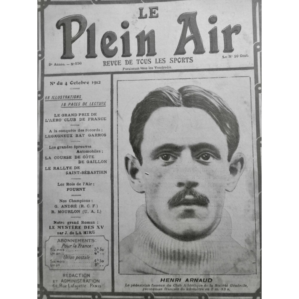 1912 PA ATHLETISME HENRI ARNAUD CLUB ATHLETIQUE SOCIETE GENERALE RECORDMAN FRANC