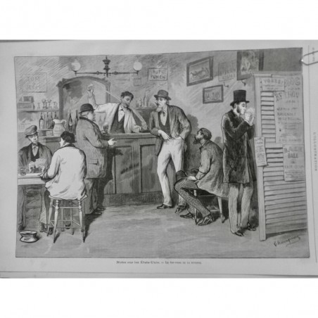 1876 I ETATS UNIS BAR-ROOM BUVETTE CAFÉ FUMEUR JOUEUR CARTE CAFETUER JEU VERRE