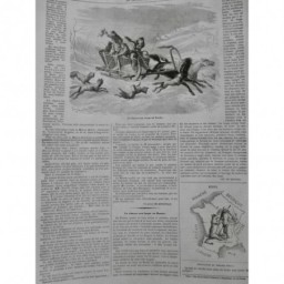 1859 MI RUSSIE CHASSE LOUP NEIGE TRAINEAU ATTELAGE CHEVAUX FOURCHE LOUVETEAU