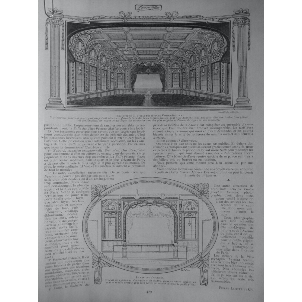 1906 F MAQUETTE SALLE FETES FEMINA MUSICA MANTEAU ARLEQUIN