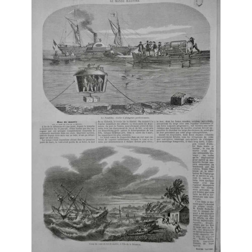 1858 MI ILE REUNION RAZ MAREE OURAGAN ARGONAUTE NAUTILUS CLOCHE PLONGEUR CHAINE