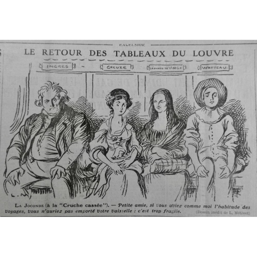 1918 E JOCONDE RETOUR TABLEAUX LOUVRE CRUCHE CASSEE DESSIN METIVET