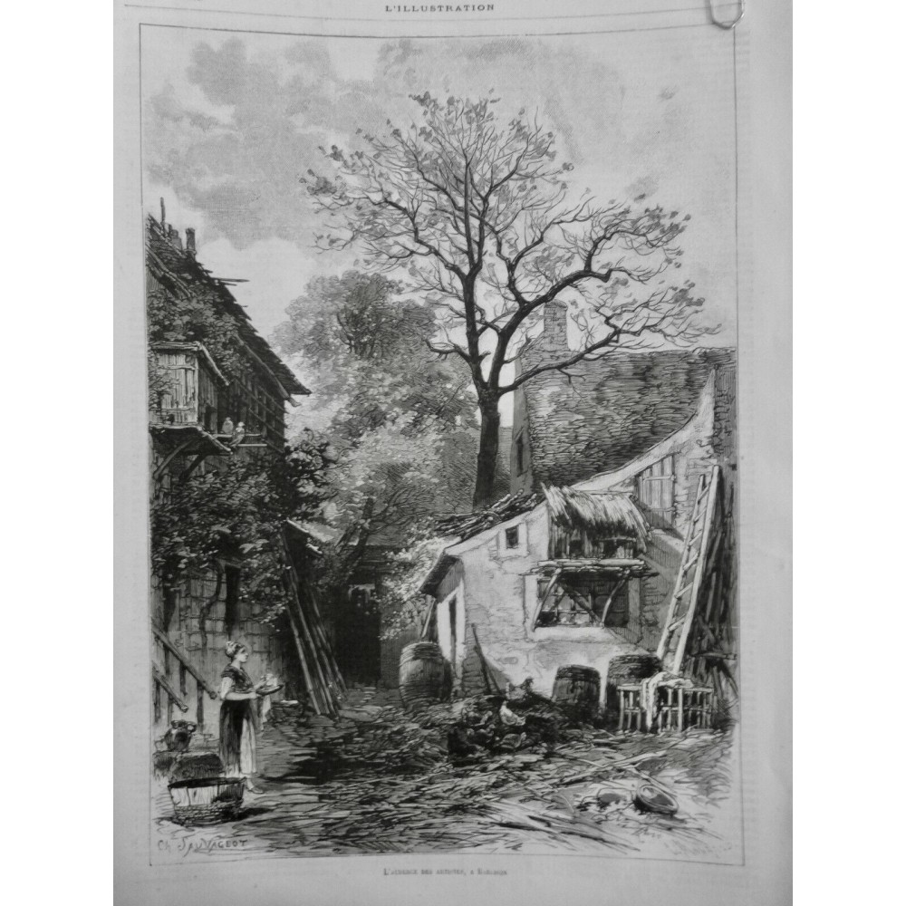 1875 I PEINTURE AUBERGE ARTISTE BARBISON CAMPAGNE FERME POULE SERVEUSE