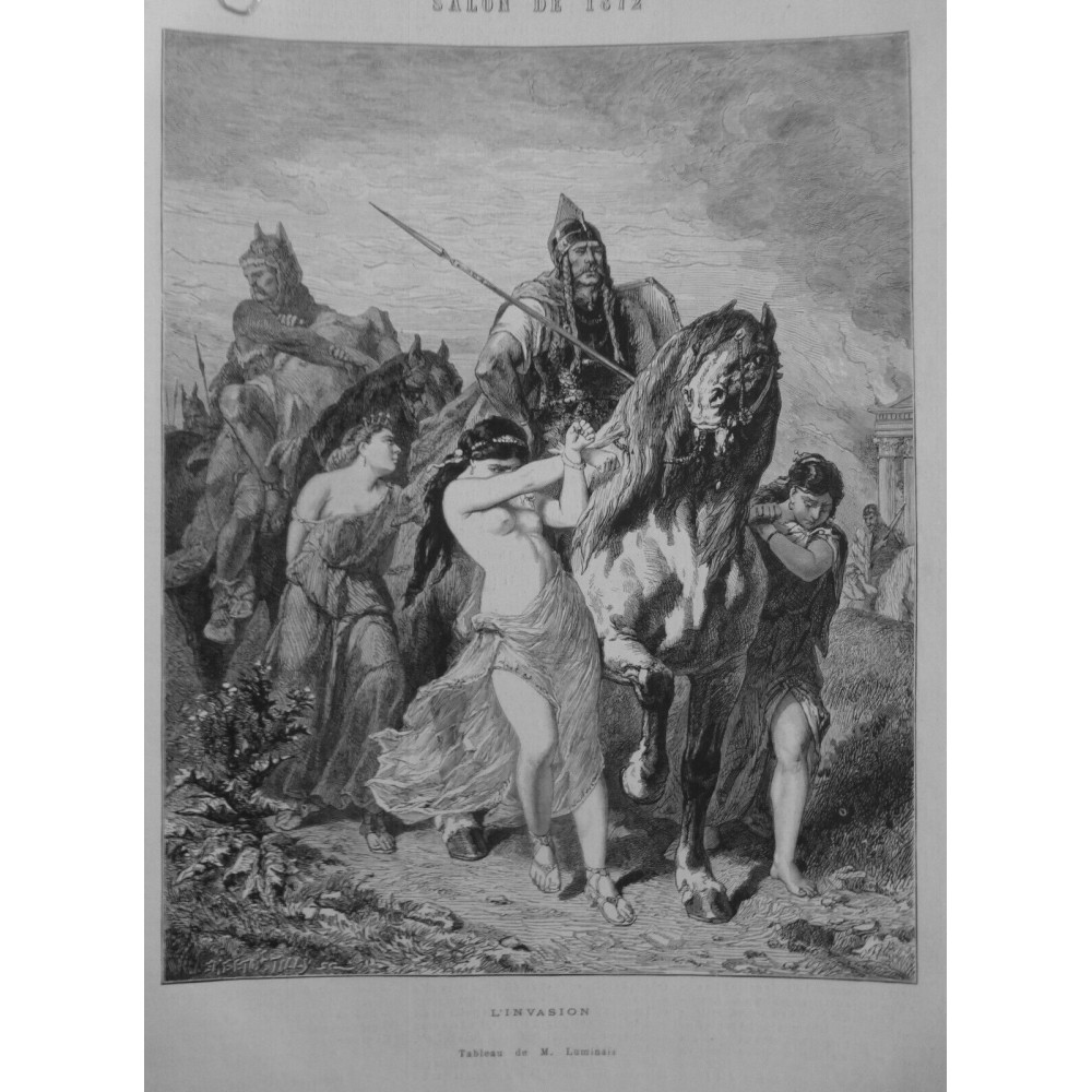 1872 I PEINTURE L INVASION JEUNES FILLES CAPTIVES BARBARE TABLEAU LUMINAIS