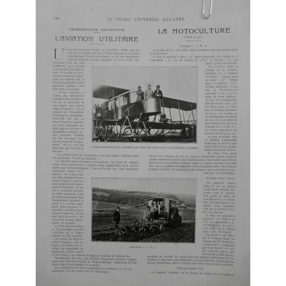 1914 SUI AVIATION MILITAIRE AEROPLANE RUSSE SIKORSKY VOL ESSAI 16 PASSAGERS