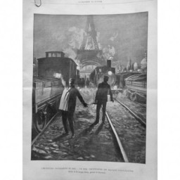 1900 UI EXPOSITION TRAVAUX NOCTURNE TRAIN RAIL INSTALLATION TOUR EIFFEL