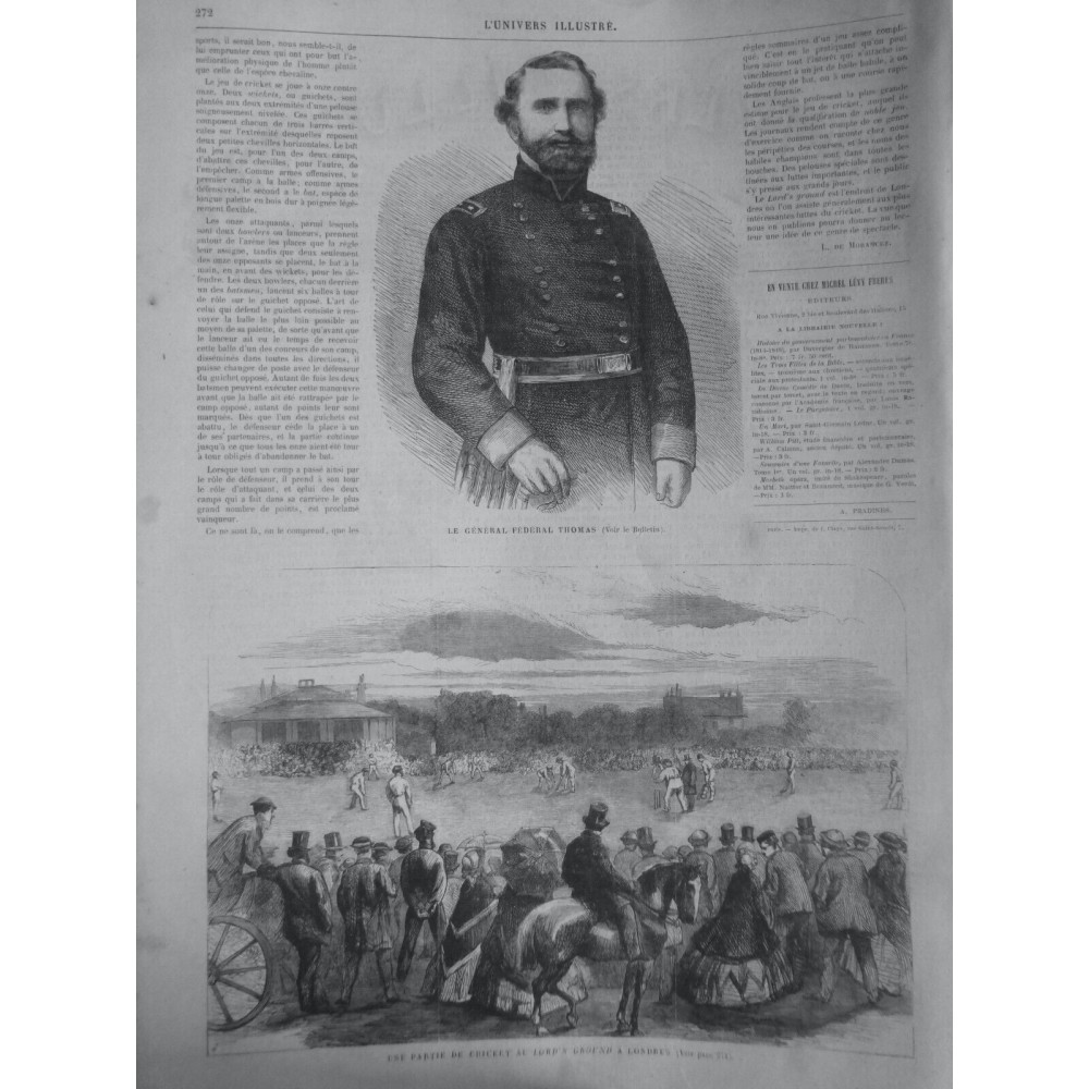 1865 UI GENERAL FEDERAL THOMAS PARTIE CRICKET LORD'S GROUND LONDRES