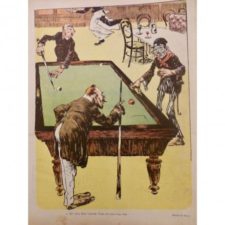 1902 LJ BILLARD MATCH TABLE BALLES QUEUE MAUVAIS JOUEUR DESSIN HAYE