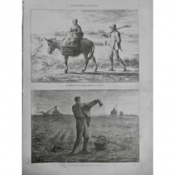 1883 O CAMPAGNE PAYSAN DEPART CHAMP MULE FEMME FOURCHE FOUIN MILLET