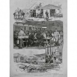 1887 O ARMEE EXERCICE MILITAIRE TRAIN WAGON CHEVAUX REPAS PONTONNIER