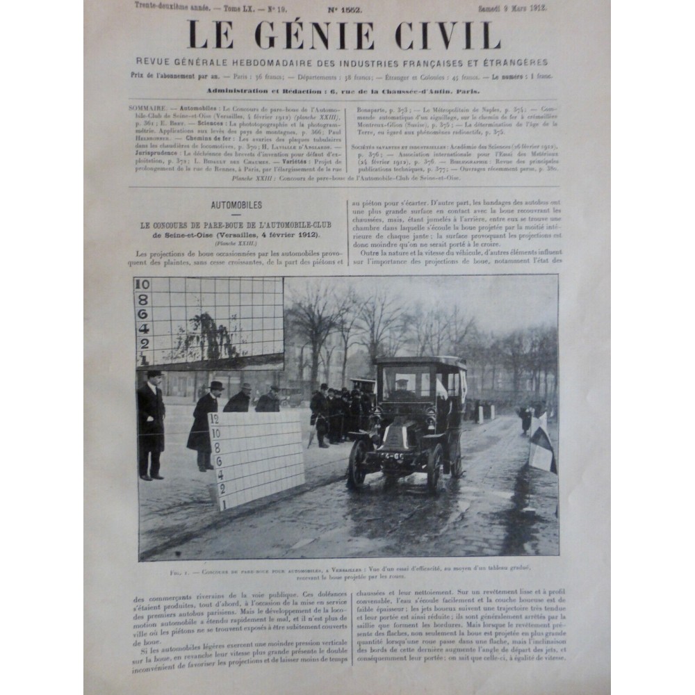 1912 GENIE CIVIL AUTOMOBILE CONCOURS PARE BOUE VERSAILLE TABLEAU PROJECTION