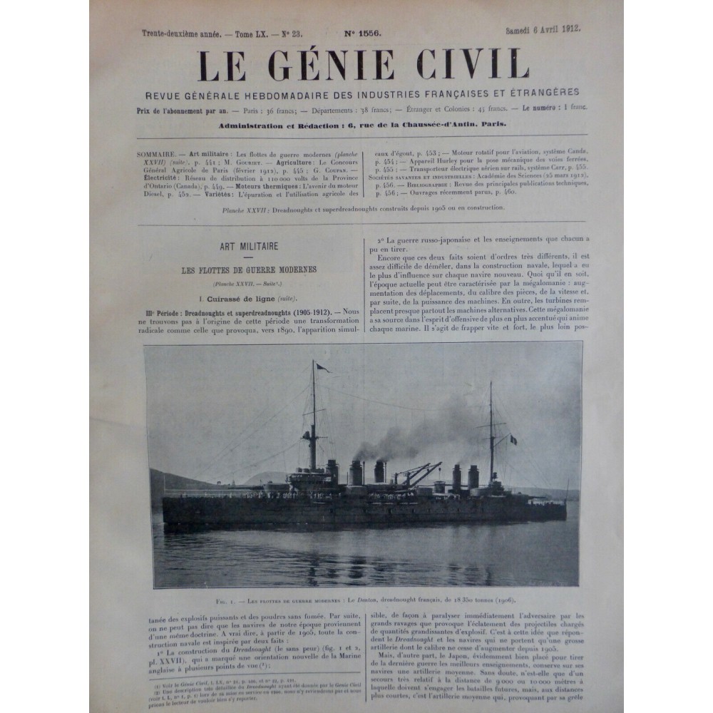 1912 GENIE CIVIL FLOTTE MILITAIRE MODERNE CUIRASSE FRANCAIS DANTON DREADNOUGHT