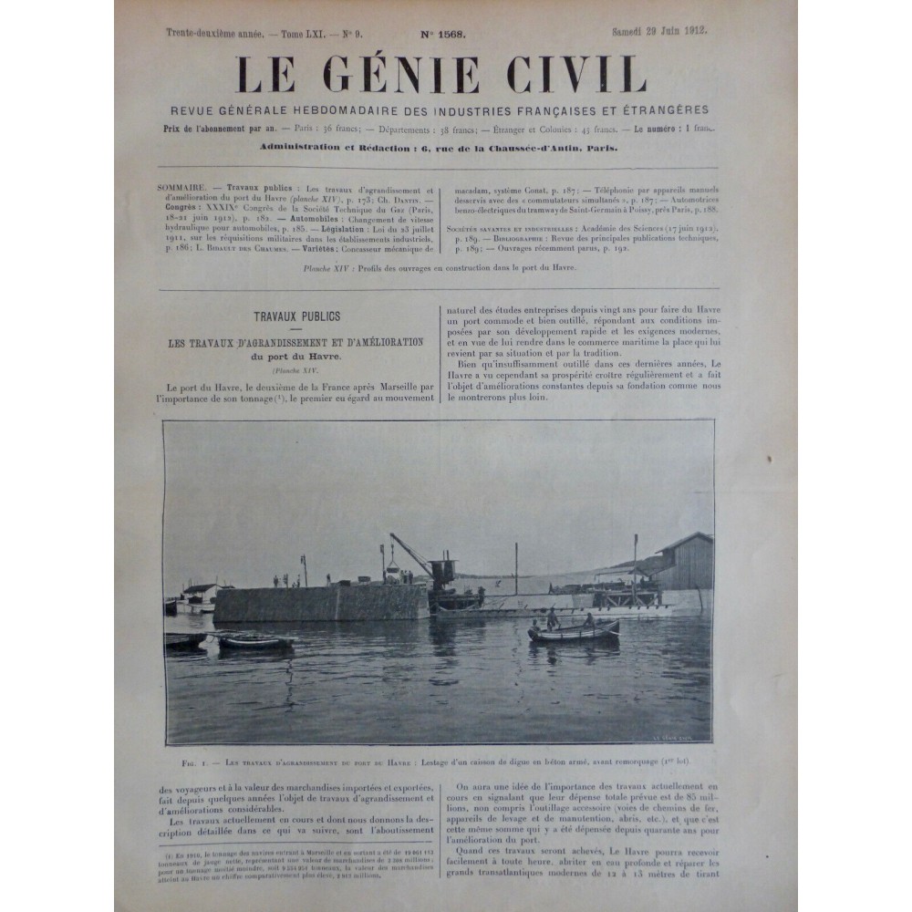 1912 GC AGRANDISSEMENT PORT HAVRE LESTAGE CAISSON DIGUE BETON ARME