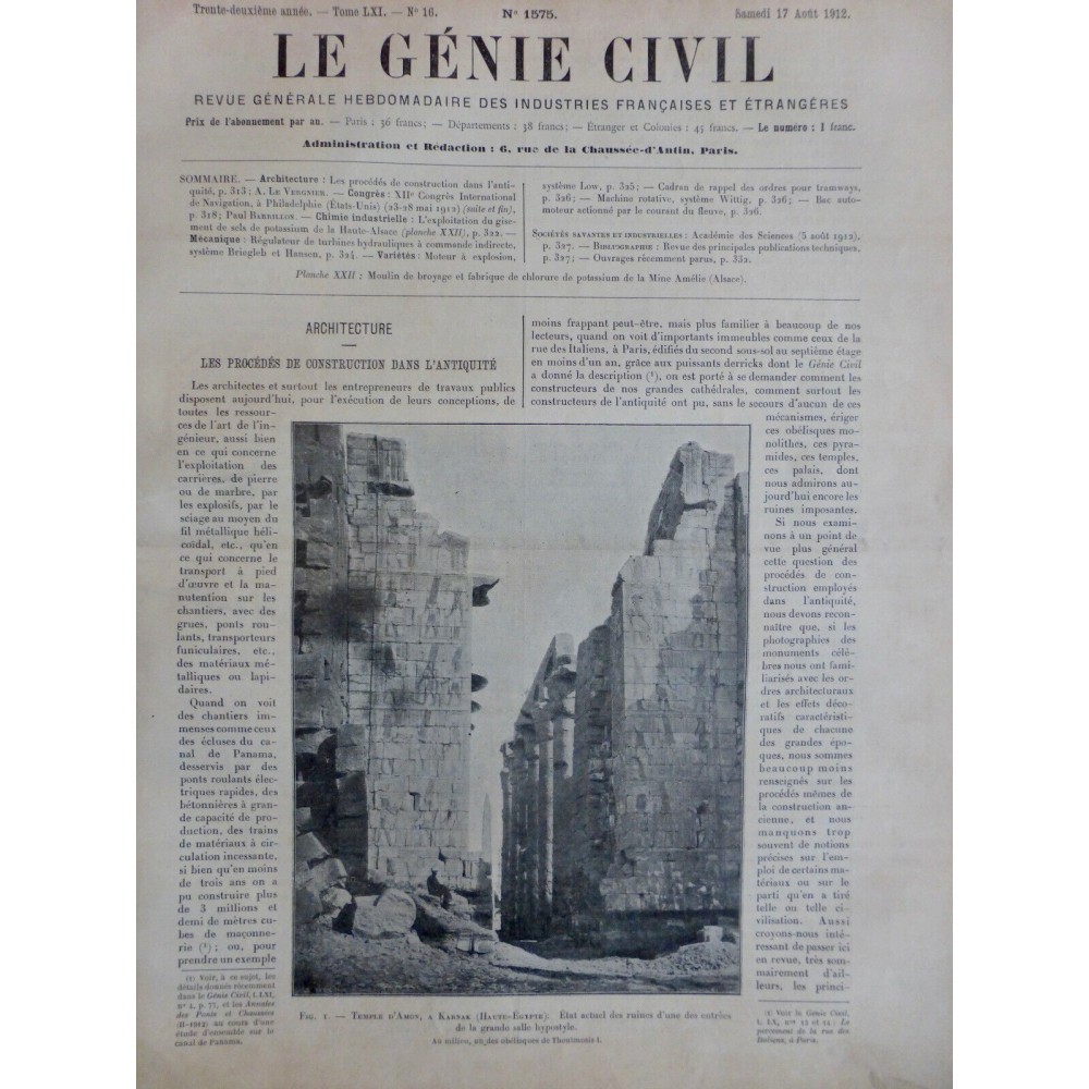 1912 GC PROCEDÉ CONSTRUCTION ANTIQUITÉ TEMPLE AMON KARNAC OBELISQUE