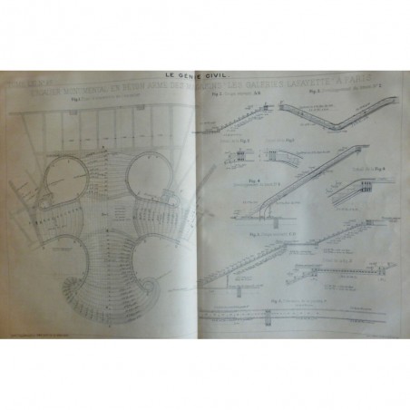 1912 GC METALLURGIE ESCALIER BETON ARME GALERIES LAFAYETTES PARIS CROQUIS