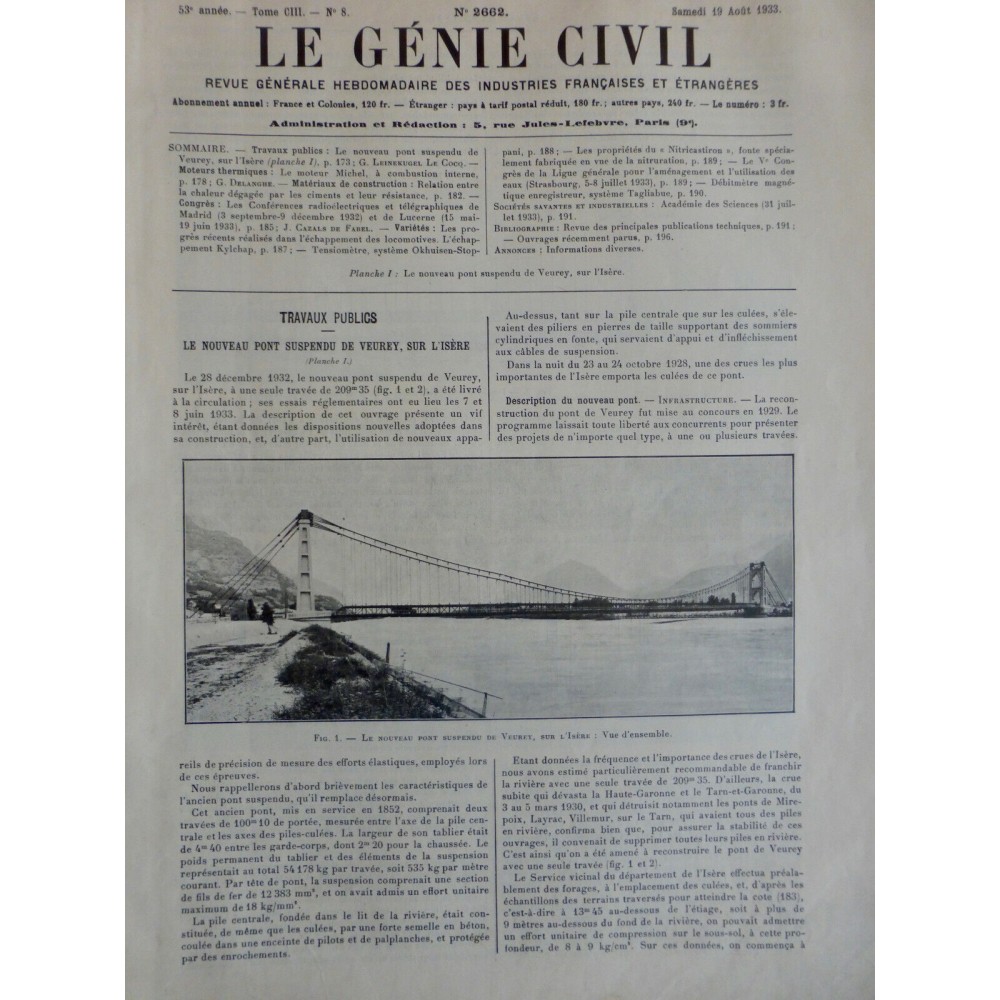 1933 GC PONT SUSPENDU VEUREY FLEUVE LISERE PILOT PALPANCHE BETON